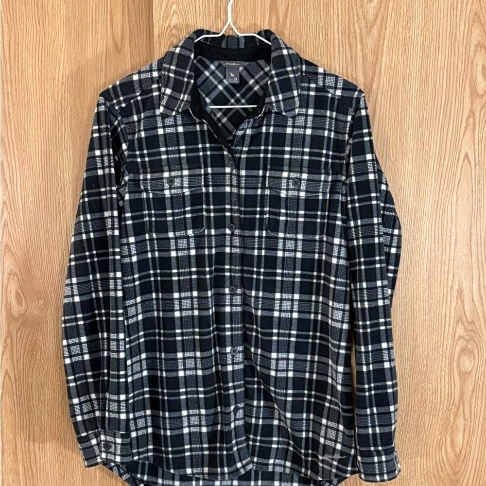 Eddie Bauer Brushed Flannel Black and Gray Plaid Button Down Shirt